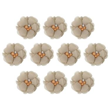 Imagem de Flores de chiffon de 5 cm, 10 peças de tecido, apliques de costura, enfeites com pérolas de strass para artesanato faça você mesmo, tiaras de casamento, decoração de festa, cáqui