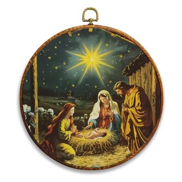 Imagem de NQDWX Presépio, pintura a óleo vintage de Natal 25,5 x 25,5 cm, arte de parede em tela redonda, decoração aconchegante para sala de estar, quarto, entrada, decoração rústica de férias de fazenda.(010)
