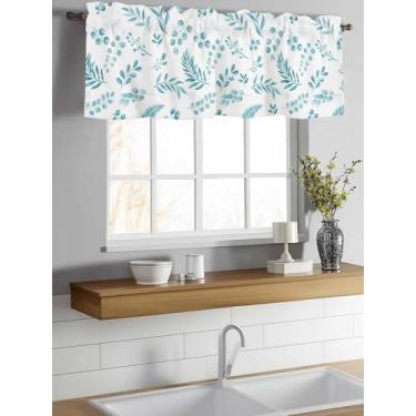 Imagem de Cortinas para janelas, aquarela, azul-petróleo, folhas, janela, sanefa, bolso para varão, planta botânica, flor, janela, decoração cortina para cozinha, sala de estar, quarto, 137 x 45,7 cm