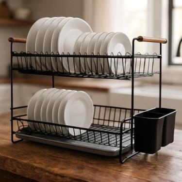 Imagem de Escorredor de Louça em Aço Carbono Organizador Escorredor de Pratos Inox com Suporte para Talheres e Bandeja de Drenagem