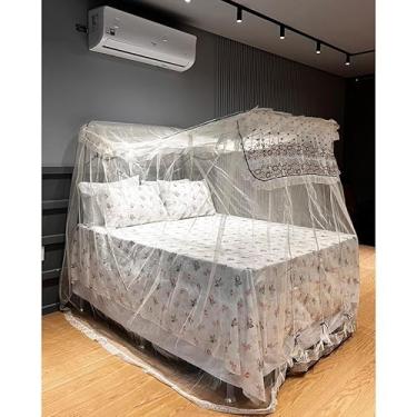 Imagem de Mosquiteiro Casal Completo com Armação – Rede Antimosquito Luxo Renda Volta ao Mundo para Cama Casal e Queen(Bege)