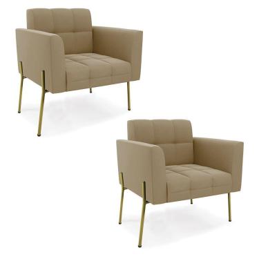 Imagem de Poltrona Pé De Ferro Dourado Para Sala Kit 2 Elisa Suede D03 - D'rossi Cor Marrom Rato