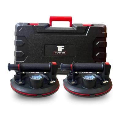 Imagem de Kit 2 Ventosas Sucção A Vácuo Profissional 200kg Cada C/Maleta Ùnica Premium, Manômetro e Indicador de Perda de Carga Para Vidros Pisos Marmores Porcelanatos Azulejos