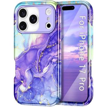 Imagem de Btscase Capa compatível com iPhone 17 Pro de 6,3 polegadas 2025, padrão de mármore, 3 em 1, resistente, à prova de choque, de corpo inteiro, PC rígido + silicone macio, capas de telefone femininas e