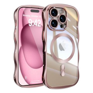 Imagem de UEEBAI Capa para iPhone 16 Pro, linda capa de celular magnética com moldura ondulada compatível com Magsafe Capa de proteção de câmera completa capa de telefone galvanizada macia para mulheres e