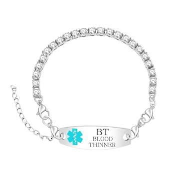 Imagem de Oneress Pulseira de tênis de alerta médico - joia personalizada com gravação a laser com pingente de caduceu de cristal, elegante pulseira de saúde de emergência YA6001, Personalized Medical Alert