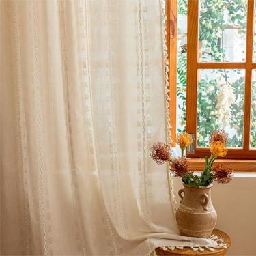 Imagem de Cortinas transparentes boho naturais de 183 cm de comprimento, 2 painéis para quarto, filtragem de luz, semitransparentes, boêmias, francesas, country, privacidade, borlas, bordadas, vintage, chique