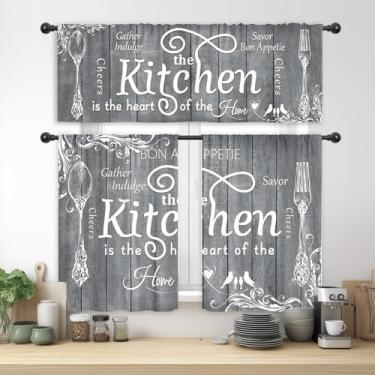 Imagem de Riyidecor Farmhouse Cortinas e sanefas de cozinha cinza, branco, conjunto de 3 peças, bolso para varão, 91 cm, curto, retrô, rústico, vintage, garfo, colher, tábua de madeira, citações engraçadas