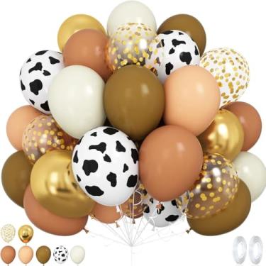 Imagem de Western Cowboy Color Balloons Set,60PCS 12 Inch Brown Golden Confetti Cow pattern Latex Balloon with 2Pcs Ribbon,For Boys Girls Birthday Baby Shower Wedding Party Decorations (Milk & Mocha, Count, 60)