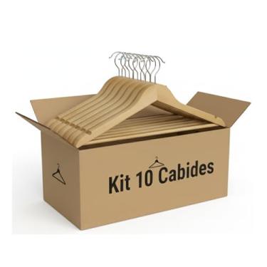 Imagem de Kit 10 Cabides de Madeira Natural, 45 cm x 21 cm, Conjunto com Gancho Metálico para Roupas e Vestuário