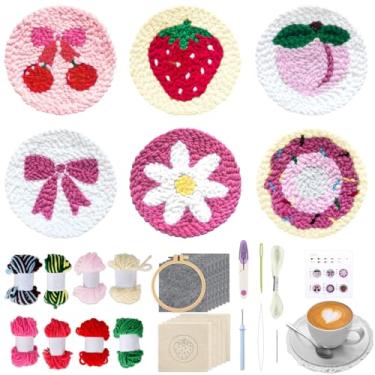 Imagem de Kit de porta-copos de agulha rosa com arco de morango e estampa floral, kit de bordado com agulha de perfuração fácil para adultos, iniciantes, faça você mesmo, almofadas adornadas com fios de feltro