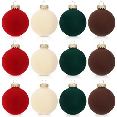 Imagem de Conjunto de 12 bolas de veludo para árvore de Natal de plástico flocada para decoração de festa de Natal (branco, verde, vermelho, bege, 8 cm)