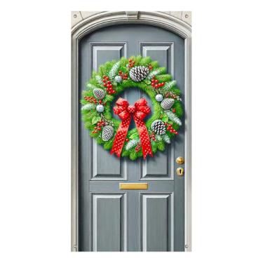 Imagem de BlissYard Merry Christmas Capa de porta de pinha decorativa 89 x 188 cm com laços vermelhos, sinos e flocos de neve para varanda de inverno, porta da frente ou decoração de entrada