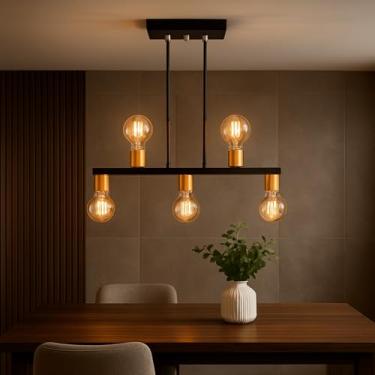 Imagem de Luminária de Teto Lustre Pendente Tugson 5 Lâmpadas Industrial (Estilo Jabuticaba) (Preto/Verniz Ouro)