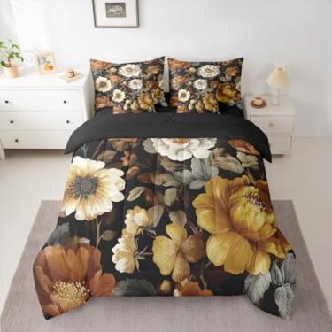 Imagem de Erosebridal Conjunto de cama king size de meados do século, conjunto de edredom floral boêmio abstrato com lençol para mulheres, homens e adultos, lençol com folhas tropicais coloridas em uma bolsa