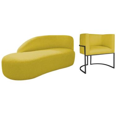 Imagem de Kit Divã Luna 160cm Lado Esquerdo E 01 Poltrona Base De Ferro Preto Suede Amarelo