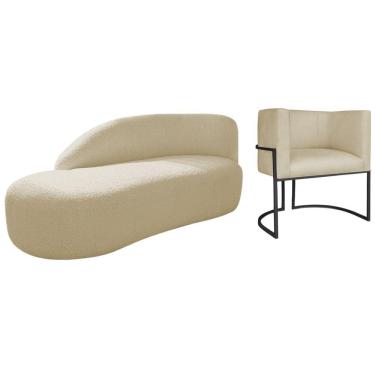 Imagem de Kit Divã Luna 140cm Lado Esquerdo E 01 Poltrona Base De Ferro Preto Suede Bege