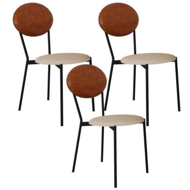 Imagem de Kit 03 Cadeiras Estofada Para Sala De Jantar Azuri Preto C01 Linho Areia Courino Caramelo - Lyam Decor