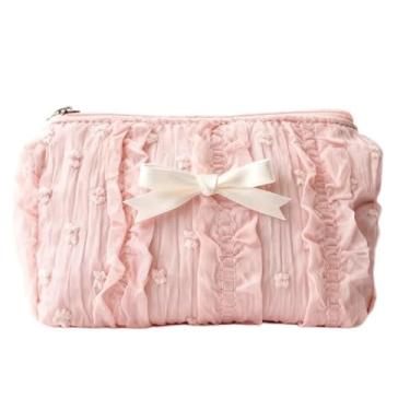 Imagem de Bolsa feminina com laço de renda estilo coreano, bolsa de maquiagem cosmética, bolsa de armazenamento portátil de grande capacidade, rosa, Cosmetic_case