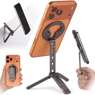 Imagem de Tripé magnético para iPhone 12/13/14/15/16/17 e capas MagSafe | Suporte de telefone prático | 20 ímãs N52 internos, suporte de sapata fria, parafuso de 0,6 cm e gancho dobrável