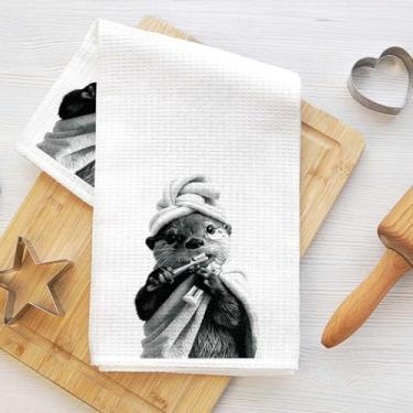 Imagem de Toalhas de cozinha engraçadas de lontra, papel higiênico bem-humorado impressão animal microfibra absorvente toalha de prato decorativa toalha de chá, toalhas de mão waffle para cozinha, casa