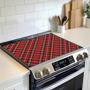 Imagem de Tampa superior de fogão xadrez vermelho preto capa de vidro resistente ao calor, tapete de cerâmica xadrez retrô de Natal evita arranhões fogões/balcão/protetor de arruela, 71 x 50 cm