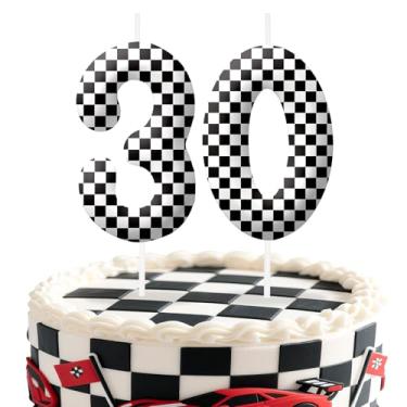 Imagem de Velas de aniversário número 30 de carros de corrida, com tema de bandeira quadriculada preta e branca para meninos e meninas, decorações de bolo para aniversários, artigos de festa com tema de carro