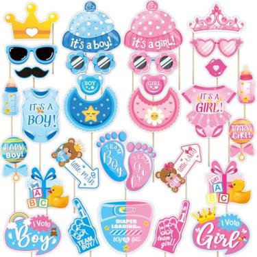 Imagem de 30 peças de adereços de cabine de fotos revelação de gênero adereços de selfie para chuveiro previsão de gênero decoração ele ou ela cenário de fotografia para revelar gênero artigos de festa de