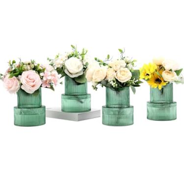 Imagem de YANWE1 Vasos de vidro canelados, conjunto de 4 vasos pequenos para flores, vaso de vidro verde para tulipas, vaso moderno para sala de estar, cozinha, escritório, entrada, estante, presentes de