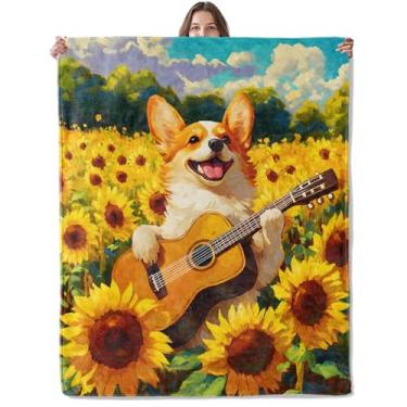 Imagem de Lugiu Cobertor de guitarra alegre Corgi tocando guitarra, leve e confortável, cobertor de girassol para sofá, quarto, cobertor macio de flanela para viagem, presentes para adultos, crianças e mulheres