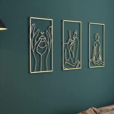 Imagem de Pacote com 3 decoração de arte de parede minimalista moderna, arte de parede de metal dourado abstrata feminina de linha única, detalhes de decoração de escultura de parede para quarto e sala de estar