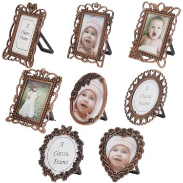 Imagem de 8 porta-retratos vintage, pequena moldura antiga para fotos artesanais com suporte, moldura de carteira de metal para parede de prateleira de mesa faça você mesmo