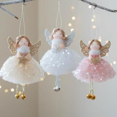 Imagem de FZBNSRKO 3 peças de enfeites de boneca de pelúcia de Natal, enfeites de árvore de anjo, pingentes decorativos de anjo de pelúcia, enfeite de pendurar de Natal para presentes de festa de fim de ano