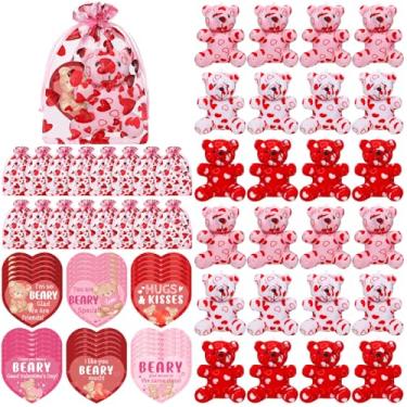 Imagem de Halloscume 108 peças de mini urso de pelúcia para o dia dos namorados com cartões de felicitações e bolsas de organza com estampa de coração, ursos do amor para o dia dos namorados, cartões de