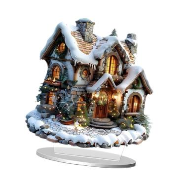 Imagem de Esquirla Placa plana 2D em acrílico com suporte para mesa, decoração natalina independente com casinha, ideal para estante ou armário, Casa de Neve
