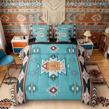 Imagem de Erosebridal Conjunto de edredom Queen Western Bed in a Bag, 7 peças, decoração do sudoeste, geométrico, fazenda, asteca, conjunto de cama e lençol, listras, triângulo, diamante, azul-petróleo