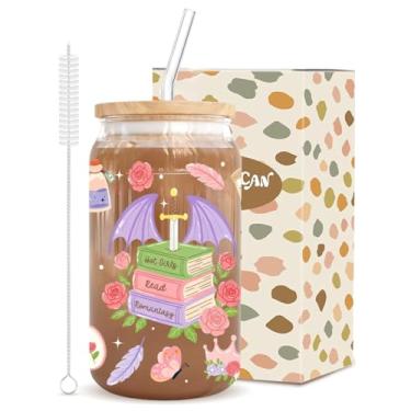 Imagem de Copo de vidro com estampa de dragão roxo e livro, presente exclusivo de 473 ml com tampa de bambu, 2 canudos e pincel, presente pronto para mulheres para café gelado, uísque, cerveja