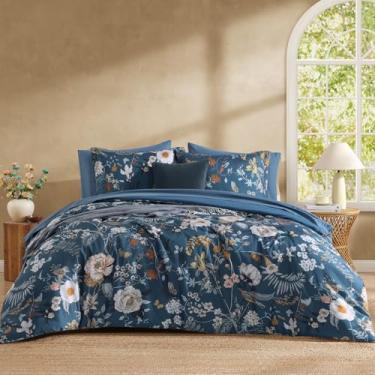 Imagem de CASAAGUSTO Conjunto de edredom de tamanho casal - 7 peças de jogo de cama floral azul, cama em uma bolsa completa com edredom de borboleta botânica, lençóis, fronhas e fronhas para todas as estações