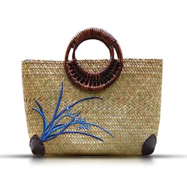 Imagem de Bolsa feminina de palha bordada boho feita à mão bolsa de vime quadrada alça de madeira bolsa de praia de verão adequada para férias viagens diárias