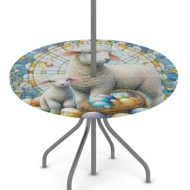 Imagem de hongjinglin Toalha de mesa de Páscoa para uso ao ar livre com orifício para guarda-chuva, toalha de mesa redonda elástica com zíper, impermeável, limpável, para piquenique, festa, pátio, serve para