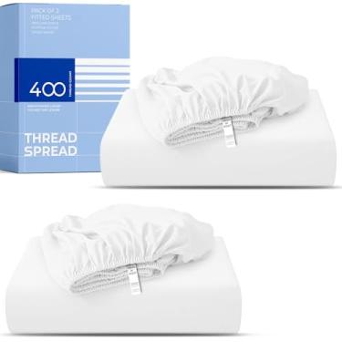 Imagem de THREAD SPREAD Lençol King Size 100% algodão, pacote com 2 a 400 fios com bolso profundo de 40,6 cm, lençol com elástico, macio, refrescante, tecido de cetim que não solta para adultos - Branco