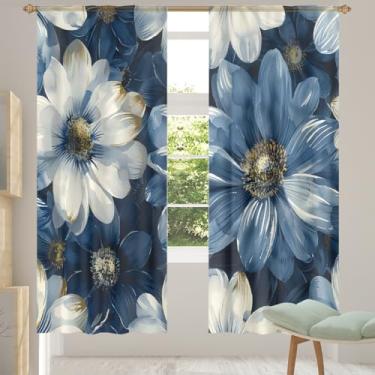 Imagem de 2 conjuntos de painéis com pintura de margaridas de flores, cortinas transparentes vintage, cortinas transparentes arejadas com filtro leve, painéis de cortina de porta e janela para sala de estar