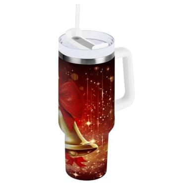 Imagem de Blueangle Copo de sinos de Natal de 850 g com alça e tampa de palha, copo isolado reutilizável garrafa de água de aço inoxidável caneca de viagem (360)