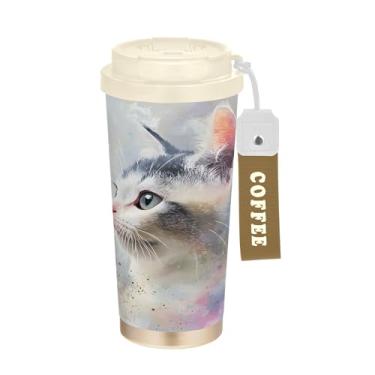 Imagem de SEHANY Caneca de viagem de gato gatinho fofo de 482 g xícaras de café reutilizáveis revestidas de cerâmica com tampa à prova de vazamento, parede dupla, isolamento a vácuo, copo de café de aço