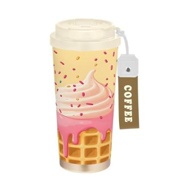 Imagem de SEHANY Caneca de viagem de sorvete fofa de 500 ml Copos de café reutilizáveis revestidos de cerâmica com tampa à prova de vazamento, parede dupla, isolamento a vácuo, copo de café de aço inoxidável