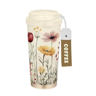 Imagem de SEHANY Caneca de viagem colorida de ervas silvestres de 500 ml Copos de café reutilizáveis revestidos de cerâmica com tampa à prova de vazamento, parede dupla, isolamento a vácuo, copo de café de aço