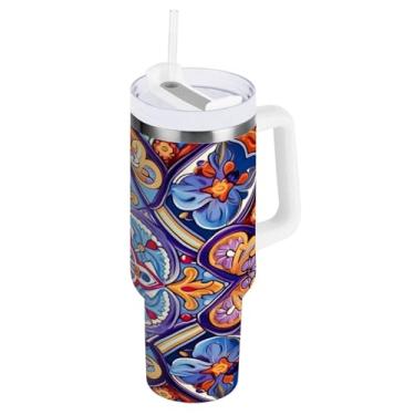 Imagem de Blueangle Copo isolado de 850 g com alça e tampa de canudo - Caneca de viagem de aço inoxidável à prova de vazamento, garrafa de água de cerâmica mexicana a vácuo de parede dupla (615)