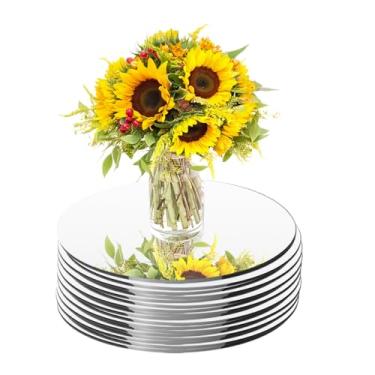 Imagem de Pacote com 8 peças centrais espelhadas redondas de 25,4 cm para decoração de mesas, acrílico de 2 mm, 7 peças, centro de mesa, bandeja de espelho, placa de vela, peça central para decoração de mesa de
