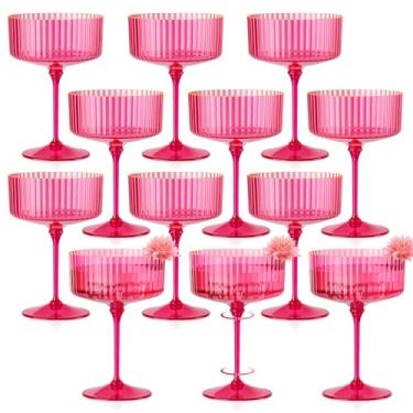 Imagem de 12 peças de copos de cupê com nervuras de plástico rosa choque champanhe copo cupê de champanhe 283 g borda dourada destacável copo de café expresso martini copo vintage Margarita conjunto de copos