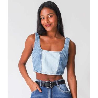 Imagem de Blusa Cropped Feminina Jeans Recortes Marisa-24053, P, Jeans azul